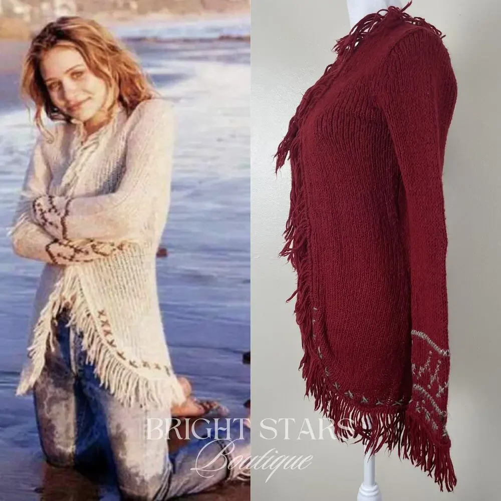 Rare Vintage Knit Cardigan Fringe ALT Red ASO Mary-Kate Olsen Ashley Olsen